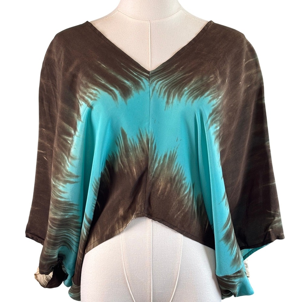RaMona La Rue 100% Silk Batwing Blouse Brown Turquoise Tie Dye V-Neck Small
